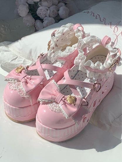Platform Pink Mary Janes in PU - Berry Details, Lace Trim & Heart Buckles