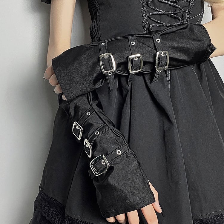 Punk Black Half Fingerless Gloves with Buckle Straps