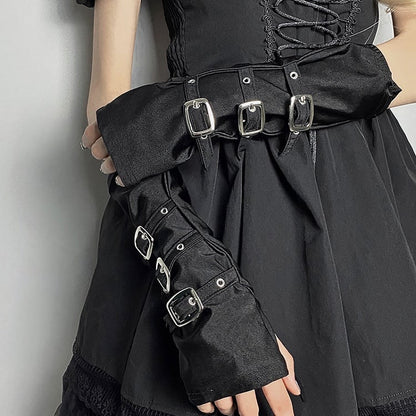 Punk Black Half Fingerless Gloves with Buckle Straps