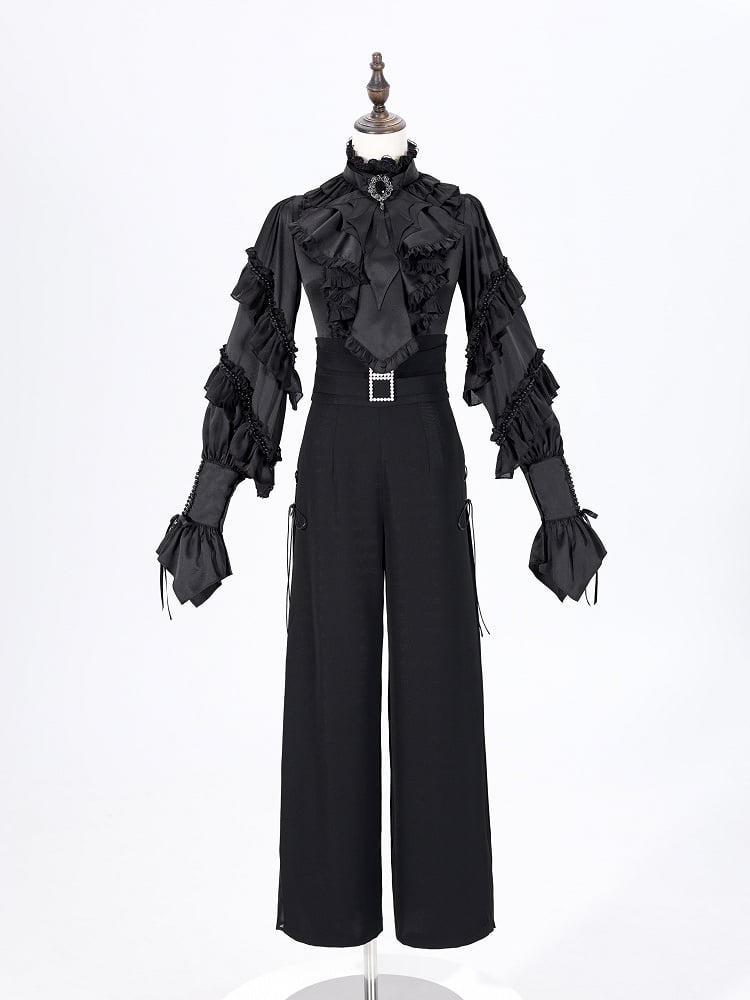 Black High Waist Flowing Pleated Chiffon Panels Wide-leg Pants