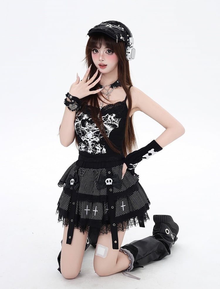 Gothic Black V-neck Bat Print Glamorous Cami Top