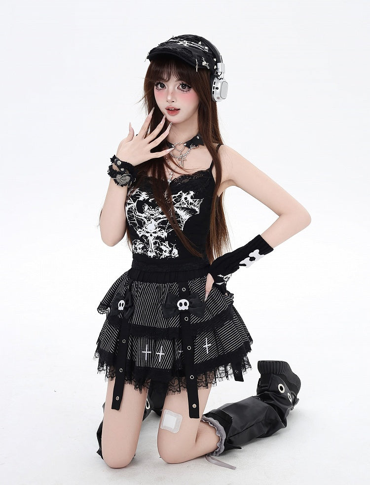Gothic Black V-neck Bat Print Glamorous Cami Top