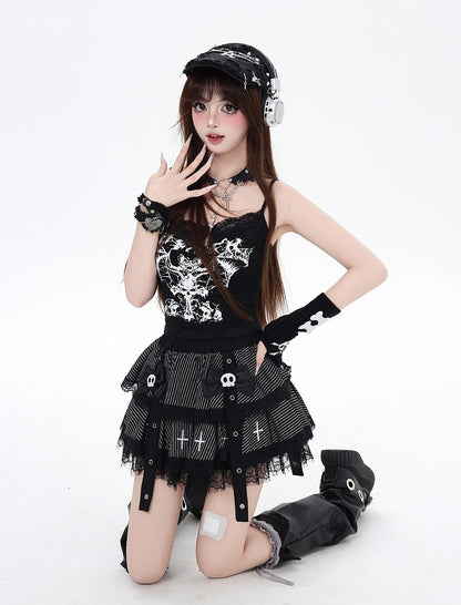 Gothic Black V-neck Bat Print Glamorous Cami Top