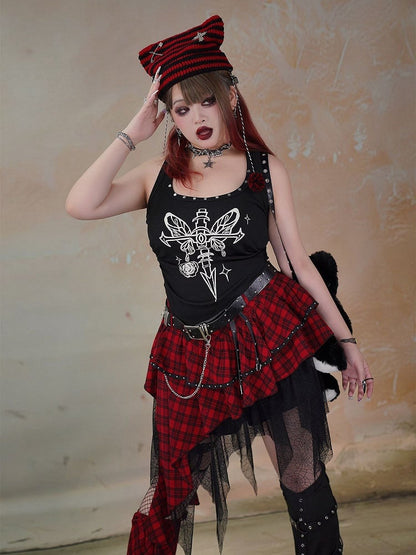 Plus Size Black Punk Studs Design Skeleton Print Tank Top