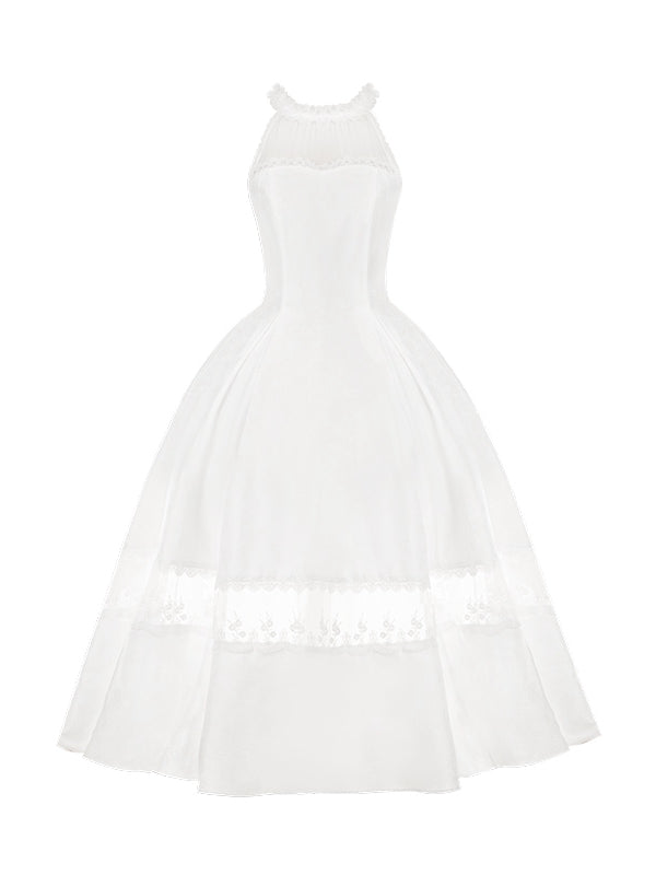 Rosette Jacquard Fabric All White Illusion Halter Neck Lace Panels Prom Dress