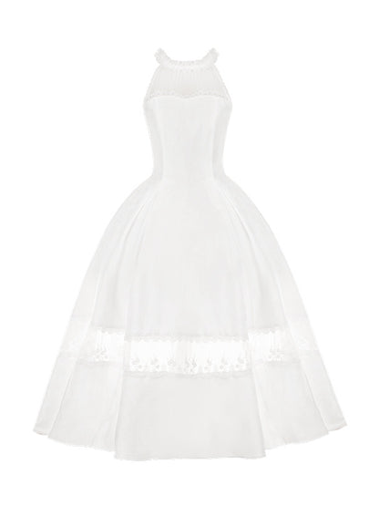 Rosette Jacquard Fabric All White Illusion Halter Neck Lace Panels Prom Dress
