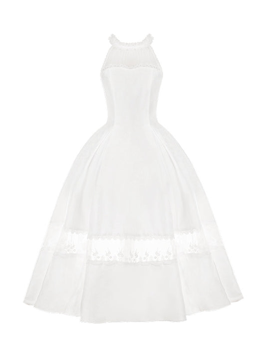 Rosette Jacquard Fabric All White Illusion Halter Neck Lace Panels Prom Dress
