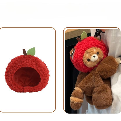 Brown Red Panda Plush Backpack/Crossbody Bag + Red Apple Hat+Keychain
