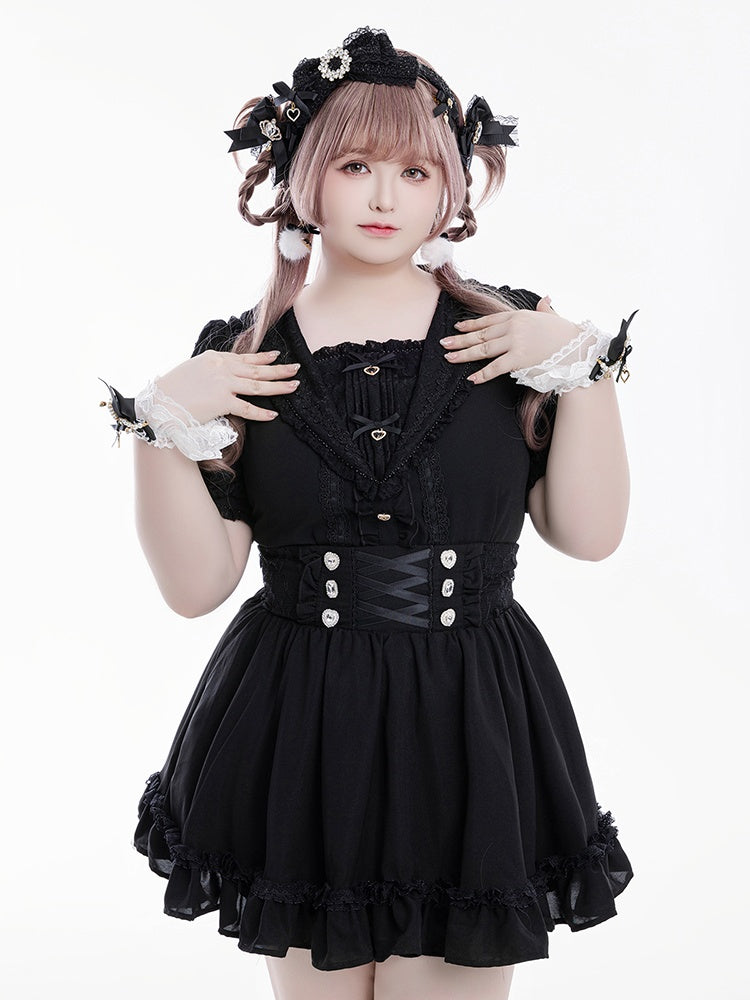 Jirai Kei Sailor Collar Black Short Sleeves Blouse Bowknot and Sweetheart Rhinestone Decorations