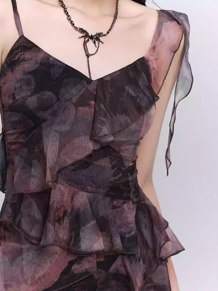 Purple/Dark Gray Butterfly Tie Dye Asymmetrical Flounce Hem Slip Dress