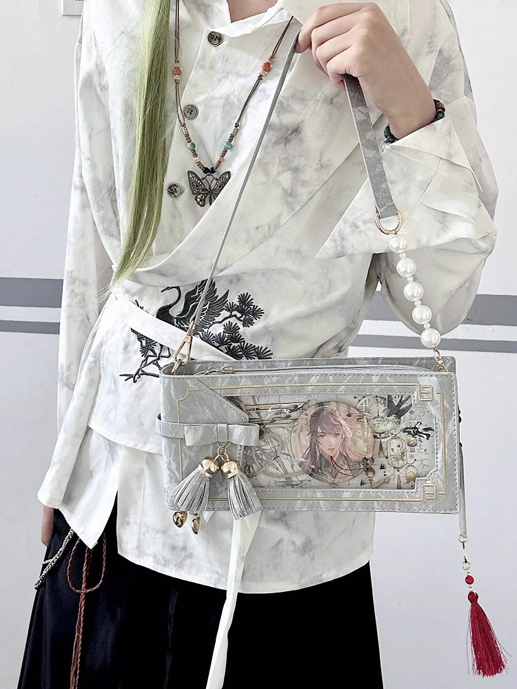 Silver PU Floral Pattern Cheongsam Style Ita Bag With Bow & Fringe Accent