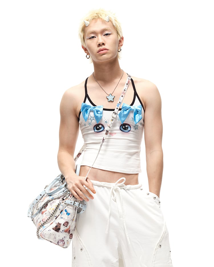 Allover Kitty Print White PU Crossbody Tote Bag Multiple Shoulder Straps