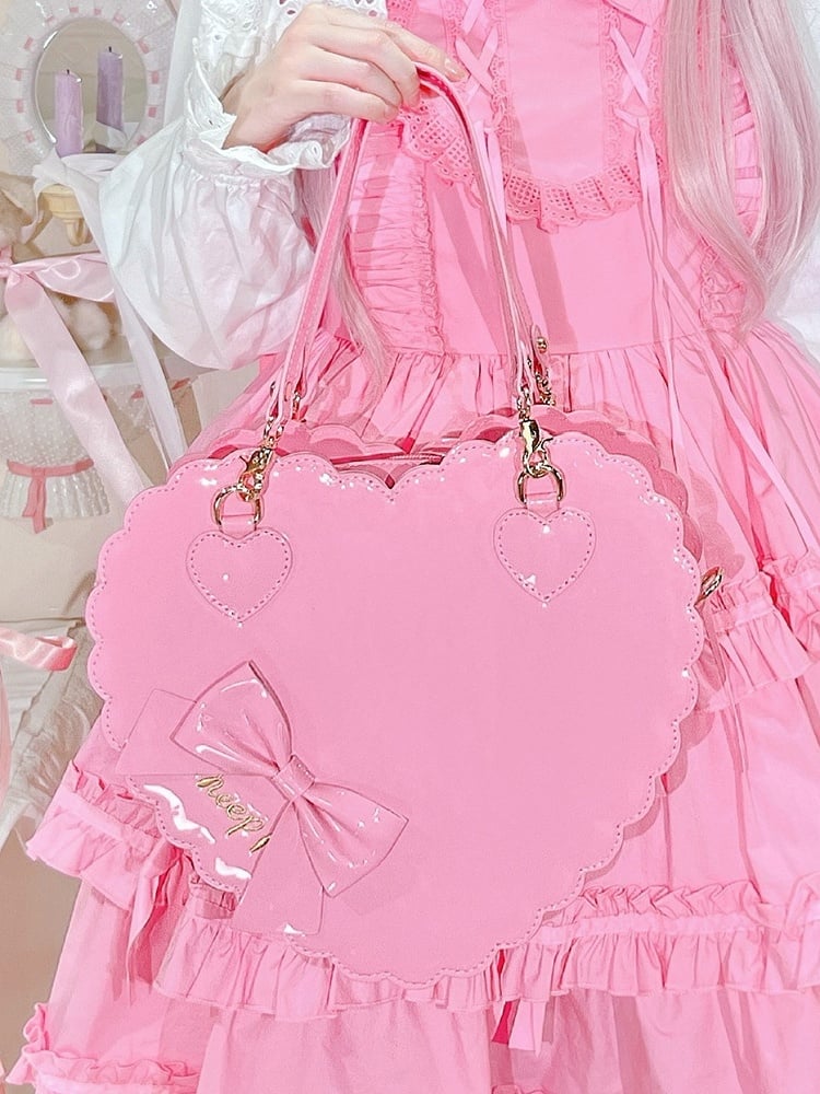 Barbie Pink Sweet Lolita 2-Way Bag in PU Leather - Heart-shaped Design, Bow Accents & Zip Closure