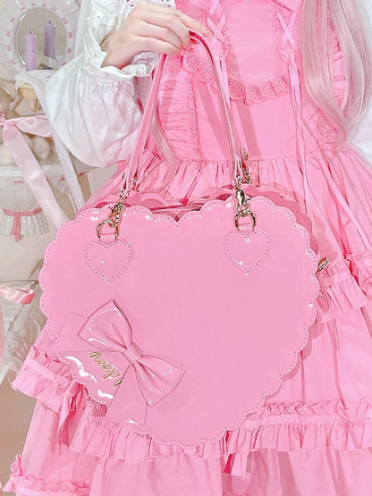 Barbie Pink Sweet Lolita 2-Way Bag in PU Leather - Heart-shaped Design, Bow Accents & Zip Closure