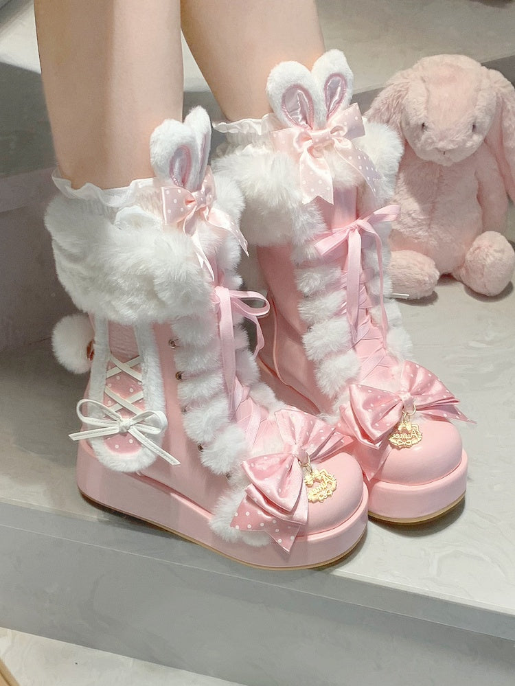 Sweet Strawberry Pink Lolita Boots - Bunny Details & Plush Cuff with Polka-dot Pattern Top Bow