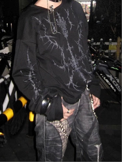 Y2K Punk Print Black Long Sleeves Top