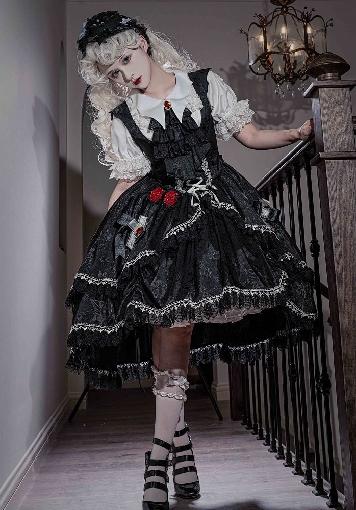 Black High-low Skirt Gothic Lolita Dress Bat Wing Shaped Shoulder Straps