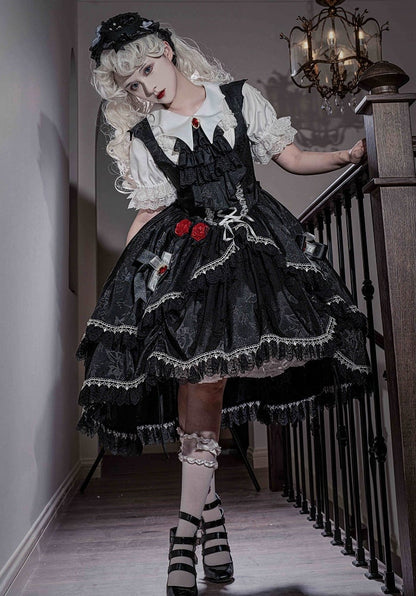 Black High-low Skirt Gothic Lolita Dress Bat Wing Shaped Shoulder Straps