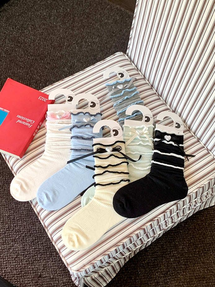 6 Color Options Beaded Heart Decorated Bowknot Detail Loose Calf Socks