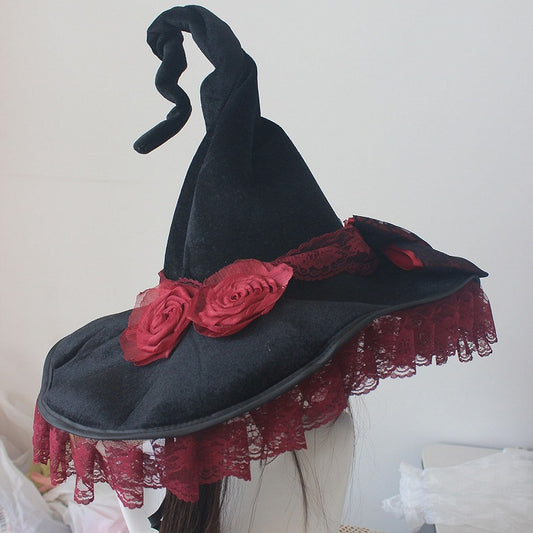 4 Color Options Halloween Floral Design Bowknot Decorated Lace Trim Witch Hat