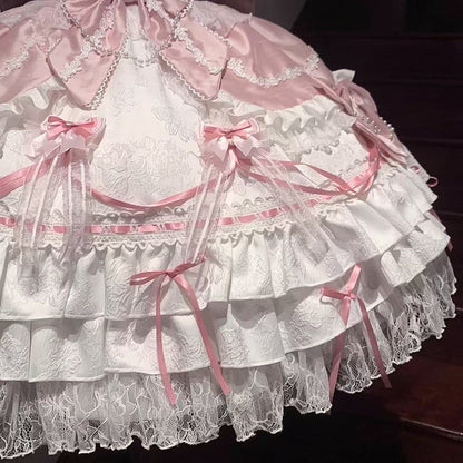 Sweet Bead Chain Bows Decorated White and Pink Tiered Skirt Lolita Dress