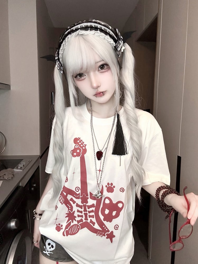 White and Red Punk Rock Guitar Print Jirai Kei T-Shirt with Guitar Pick Necklace