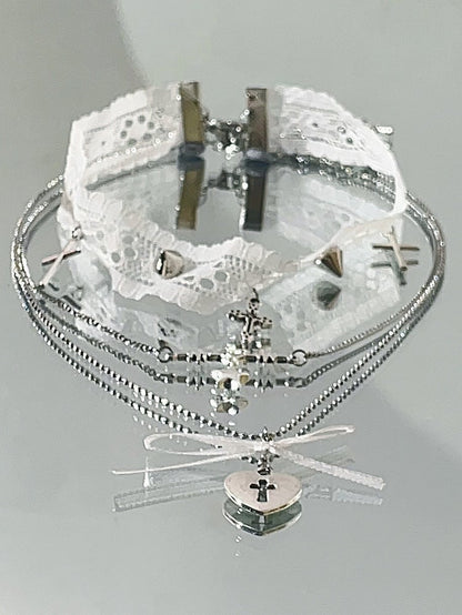 White Lace Cross Choker