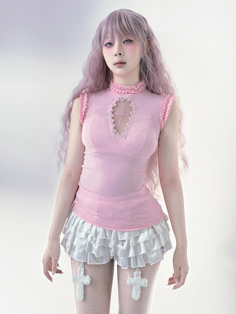 White Elastic Waist Tiered Ruffles Metal Cross Embellished Skort with Cross Charms