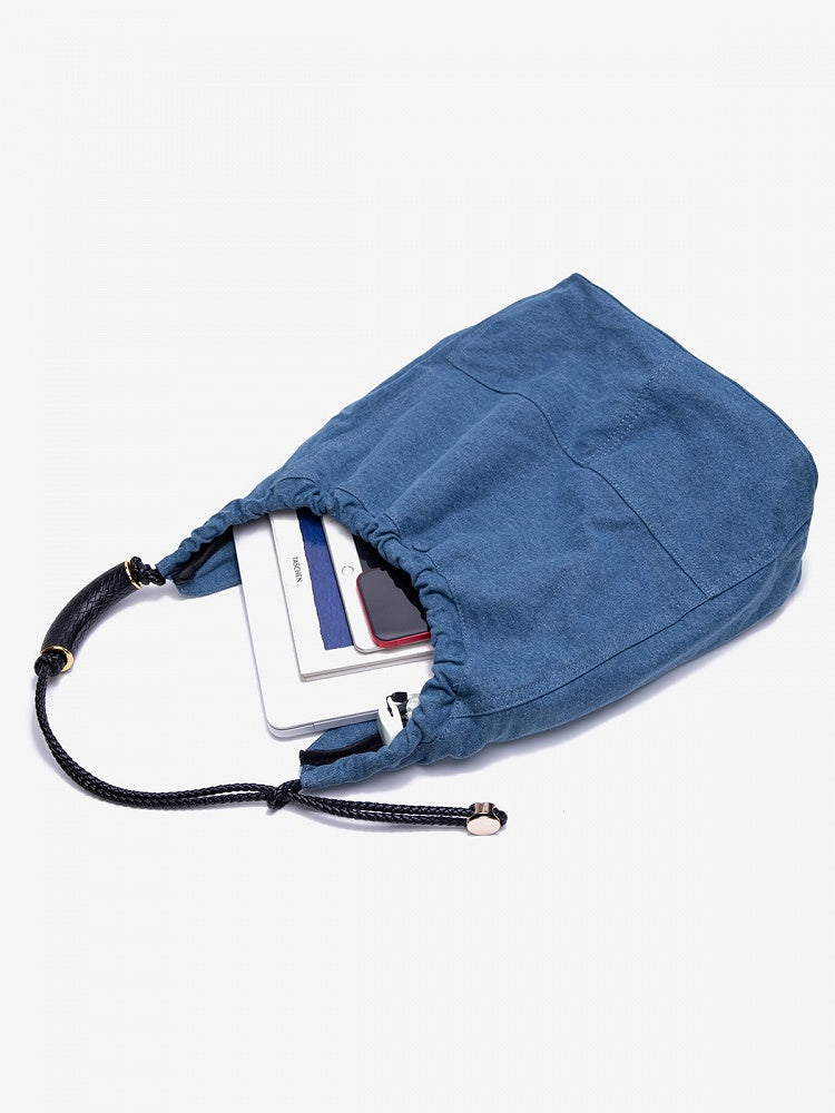 Blue Denim Large Capacity Tote Shoulder Bag With Adjustable Braided Strap