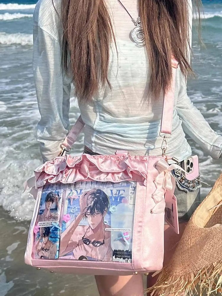 Pink Satin Ruffle Trims Self-tie Straps Ita Bag With Bow Card Holder