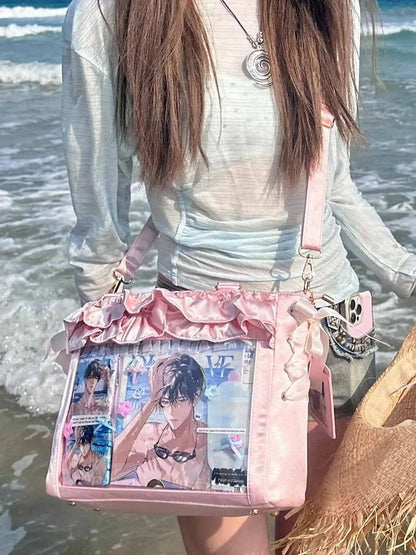 Pink Satin Ruffle Trims Self-tie Straps Ita Bag With Bow Card Holder