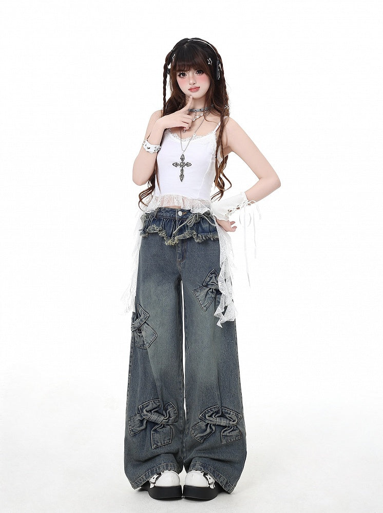 Blue Big Bows Raw Hem Wide-Leg Jeans