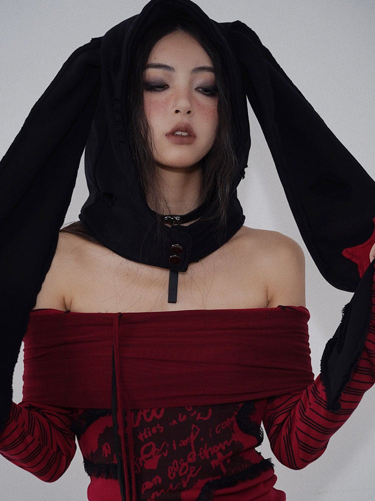 Distressed Holes Punk Bunny Ears Hat Black/Red