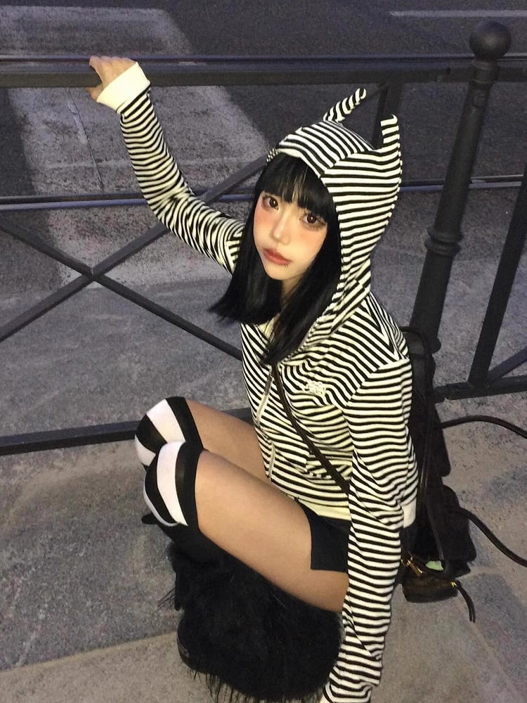 Y2K Black & White Stripes Zip-Up Hoodie with Devil Hood