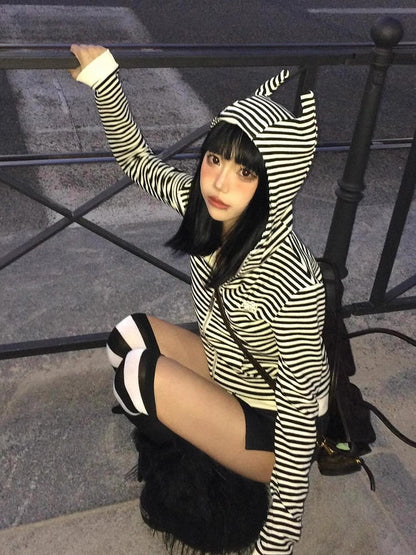 Y2K Black & White Stripes Zip-Up Hoodie with Devil Hood