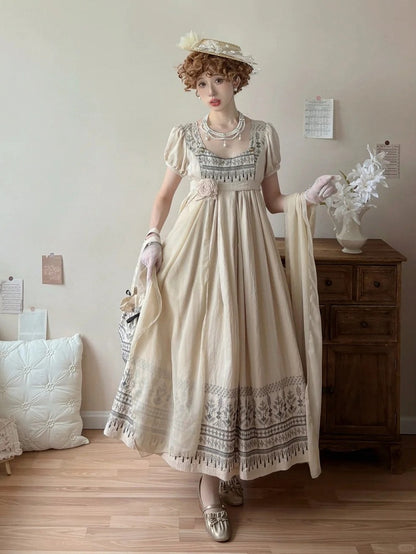 Foldover Design Neckline Blue Vintage Embroidery Empire Waist Elegant Lolita One Piece Long/Short Version