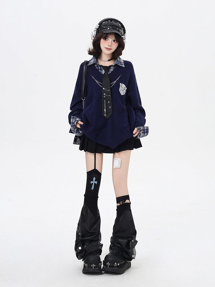 Navy Blue / Gray Retro Academic Plaid Loose Fit Sweater