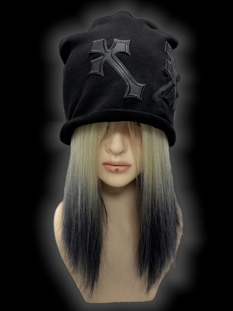 Y2K Black Gothic Cross Appliques Slouchy Beanie