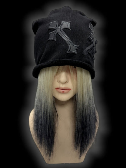 Y2K Black Gothic Cross Appliques Slouchy Beanie