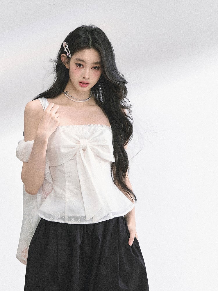 Big Bow Neckline White/Floral/Blue Off-the-shoulder Neckline Top