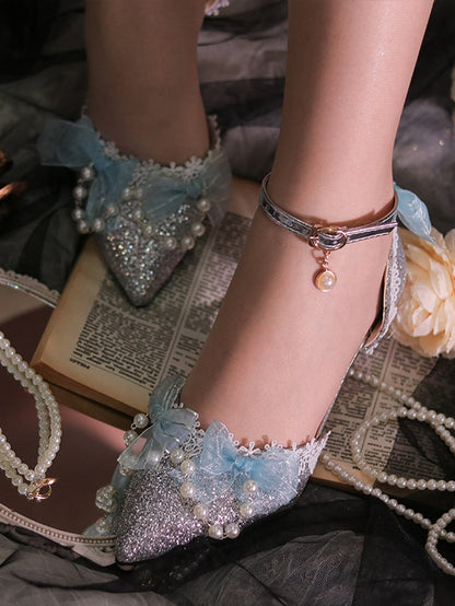 Silver & Light Blue Beaded Chain Pointed Toe Hime Lolita Middle Heels