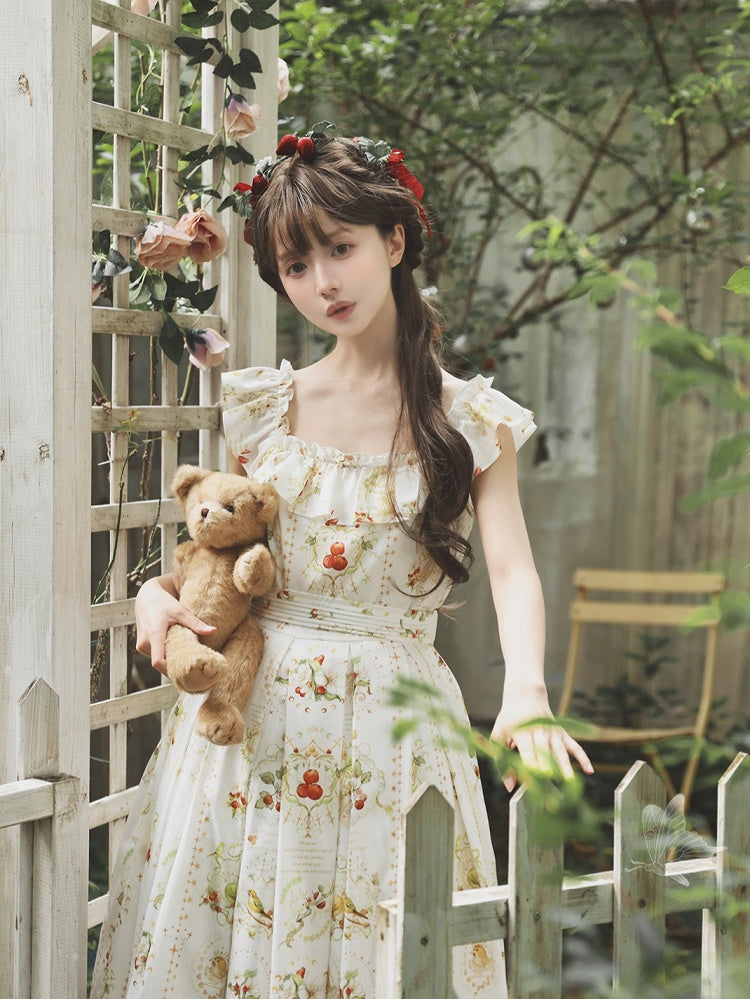 Hawthorn and Bird Print White Square Neckline Elegant Classic Lolita Dress with Waist Belt