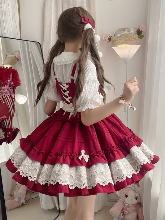 Red Pleated and Ruffle Trim Skirt Summer Lolita Jumper Skirt