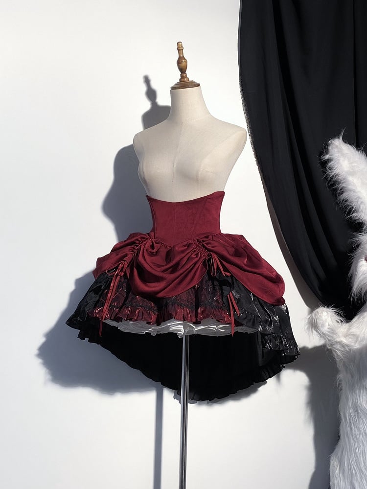 Clearance-Size S for Waist 66CM Boned High Waist Red and Black Gothic Lolita Drawstring High-low Skirt