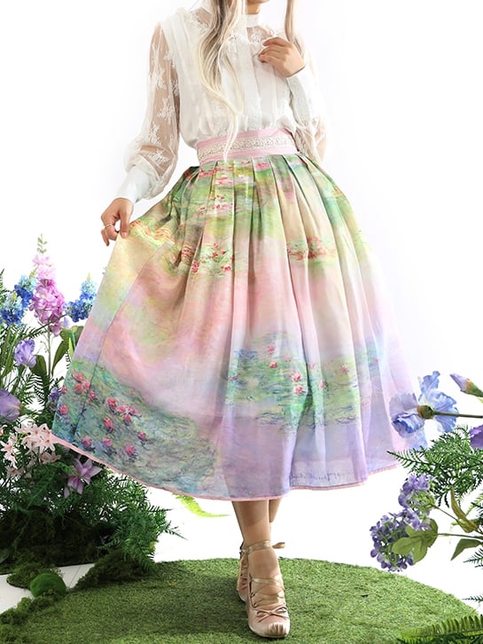 Water Lily Oil Painting Print Pink and Green High Waist Skirt Long/Short Version
