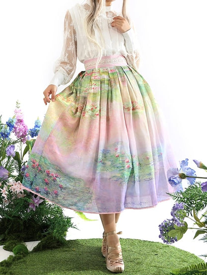 Water Lily Oil Painting Print Pink and Green High Waist Skirt Long/Short Version