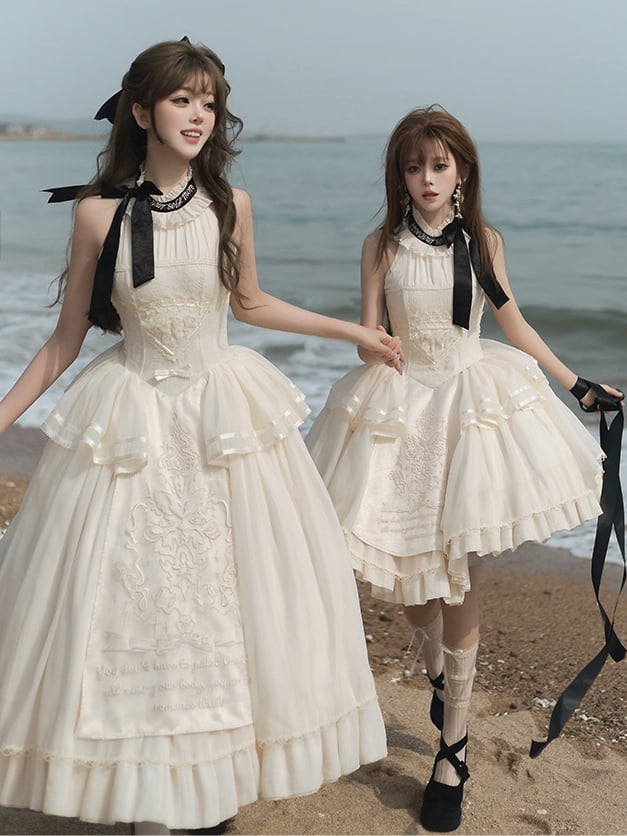 Creamy Delicate Embroidery Detail Classic Lolita Backless Halter Neck Dress