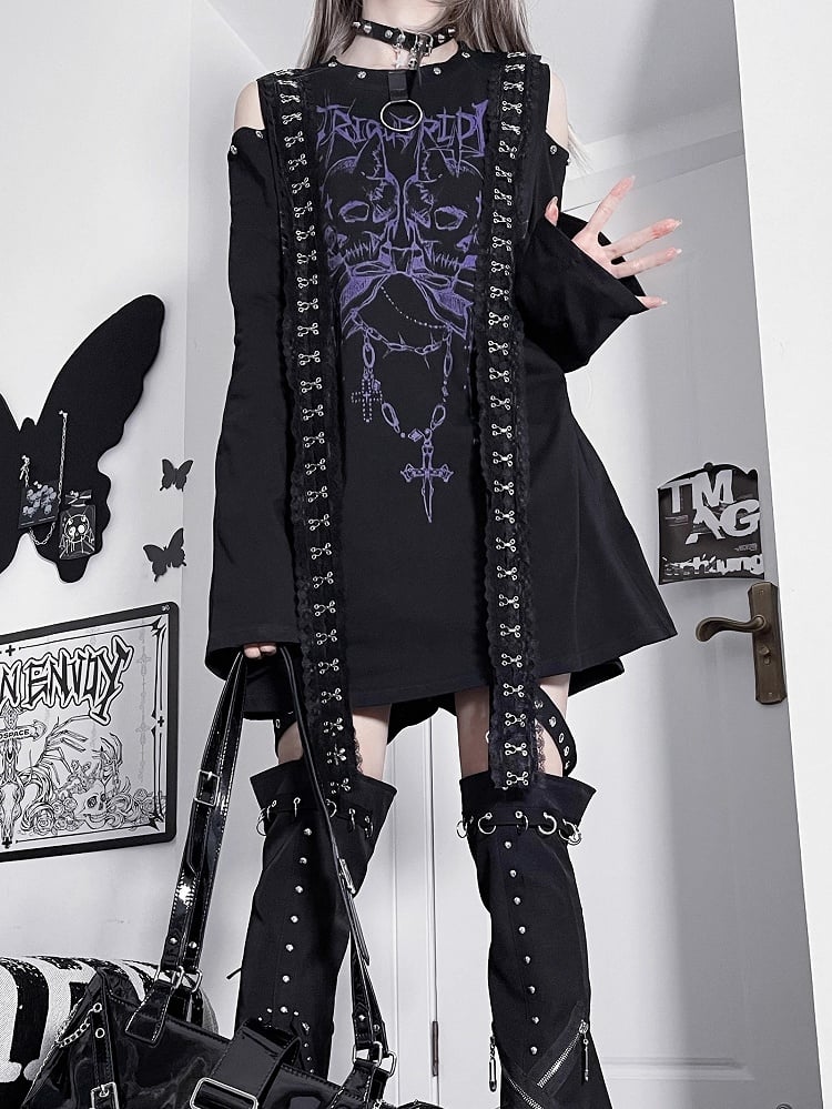 Black&Purple Emo Punk Cutout Shoulder Skeleton And Letter Print Long Sleeves Top