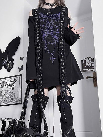 Black&Purple Emo Punk Cutout Shoulder Skeleton And Letter Print Long Sleeves Top