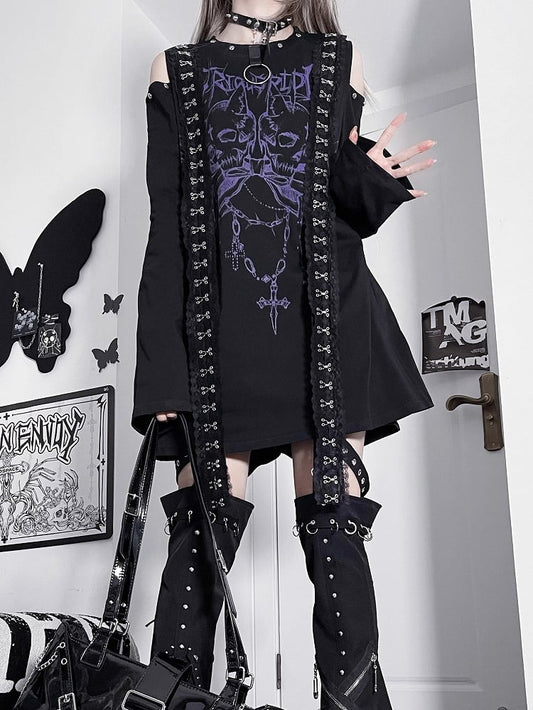 Black&Purple Emo Punk Cutout Shoulder Skeleton And Letter Print Long Sleeves Top